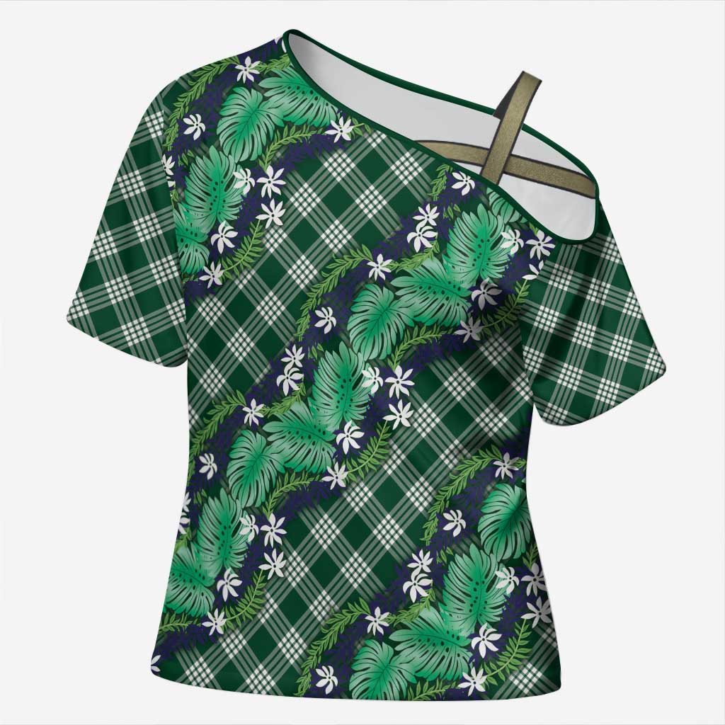 Polynesian Monstera Tiare Floral Cross Shoulder Shirt Forest Green Tropical Plaid LT01 Female Green - Polynesian Pride