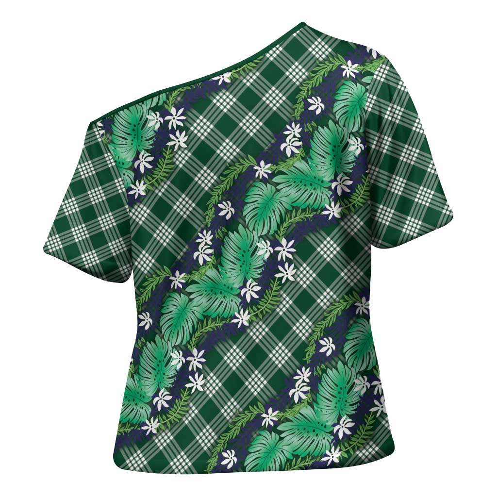 Polynesian Monstera Tiare Floral Cross Shoulder Shirt Forest Green Tropical Plaid - Polynesian Pride