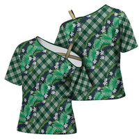Polynesian Monstera Tiare Floral Cross Shoulder Shirt Forest Green Tropical Plaid - Polynesian Pride