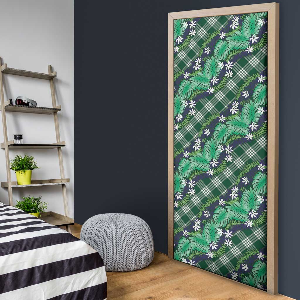 Polynesian Monstera Tiare Floral Door Cover Forest Green Tropical Plaid - Polynesian Pride