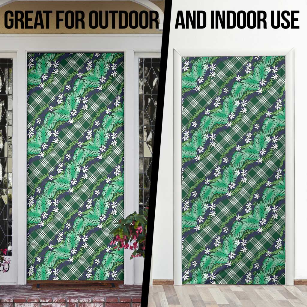 Polynesian Monstera Tiare Floral Door Cover Forest Green Tropical Plaid - Polynesian Pride