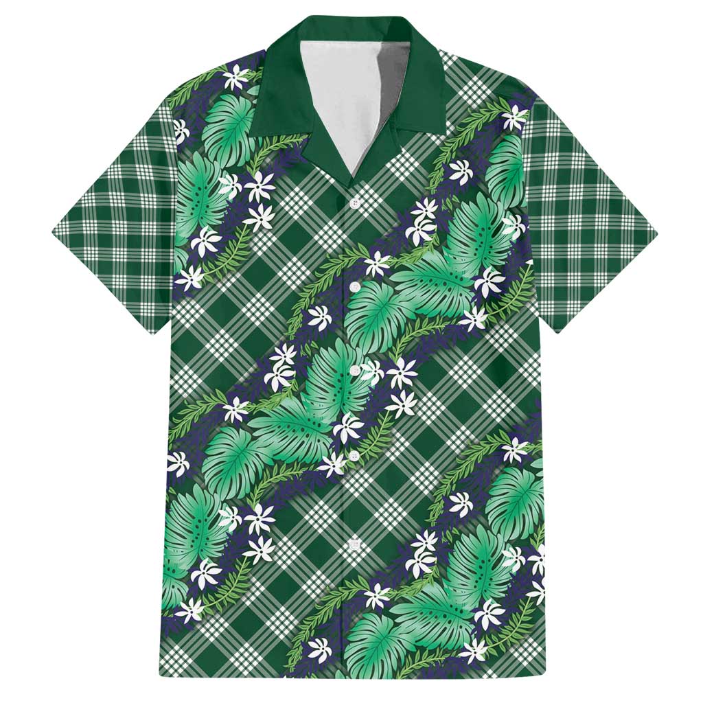 Polynesian Monstera Tiare Floral Family Matching Long Sleeve Bodycon Dress and Hawaiian Shirt Forest Green Tropical Plaid - Polynesian Pride
