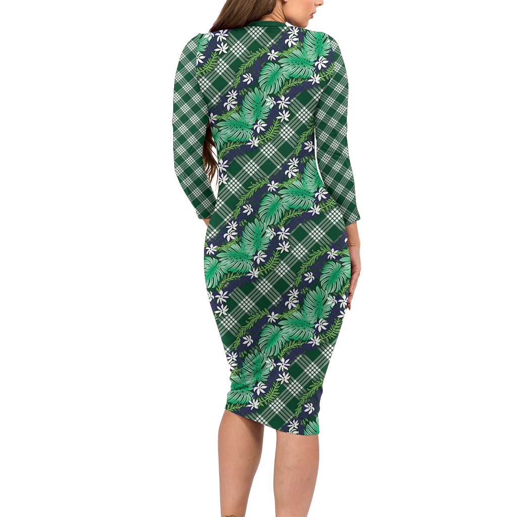 Polynesian Monstera Tiare Floral Family Matching Long Sleeve Bodycon Dress and Hawaiian Shirt Forest Green Tropical Plaid - Polynesian Pride