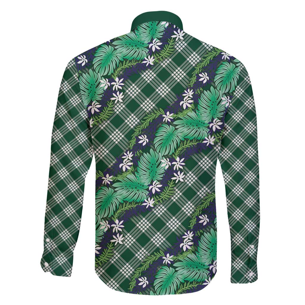 Polynesian Monstera Tiare Floral Family Matching Mermaid Dress and Hawaiian Shirt Forest Green Tropical Plaid - Polynesian Pride
