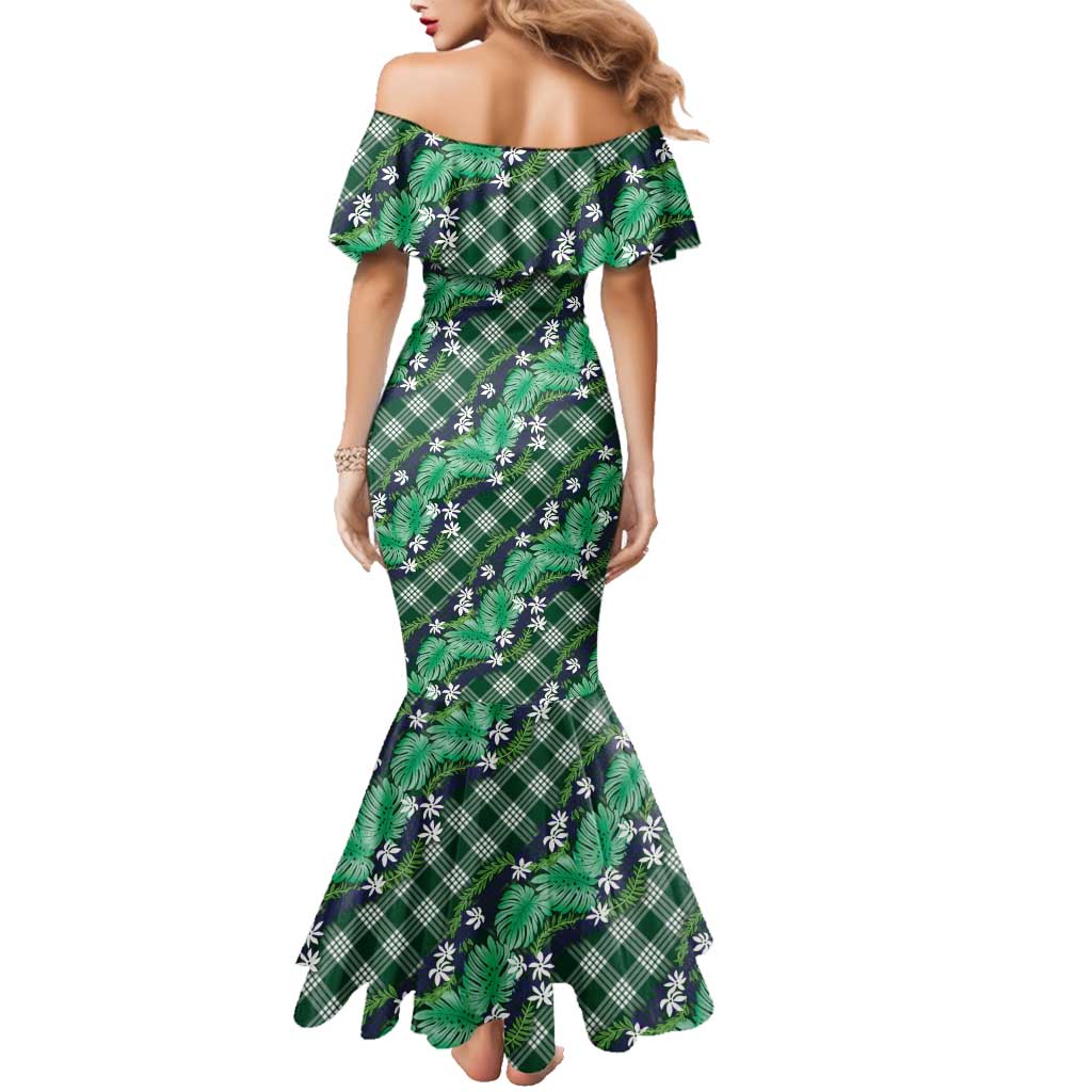 Polynesian Monstera Tiare Floral Family Matching Mermaid Dress and Hawaiian Shirt Forest Green Tropical Plaid - Polynesian Pride