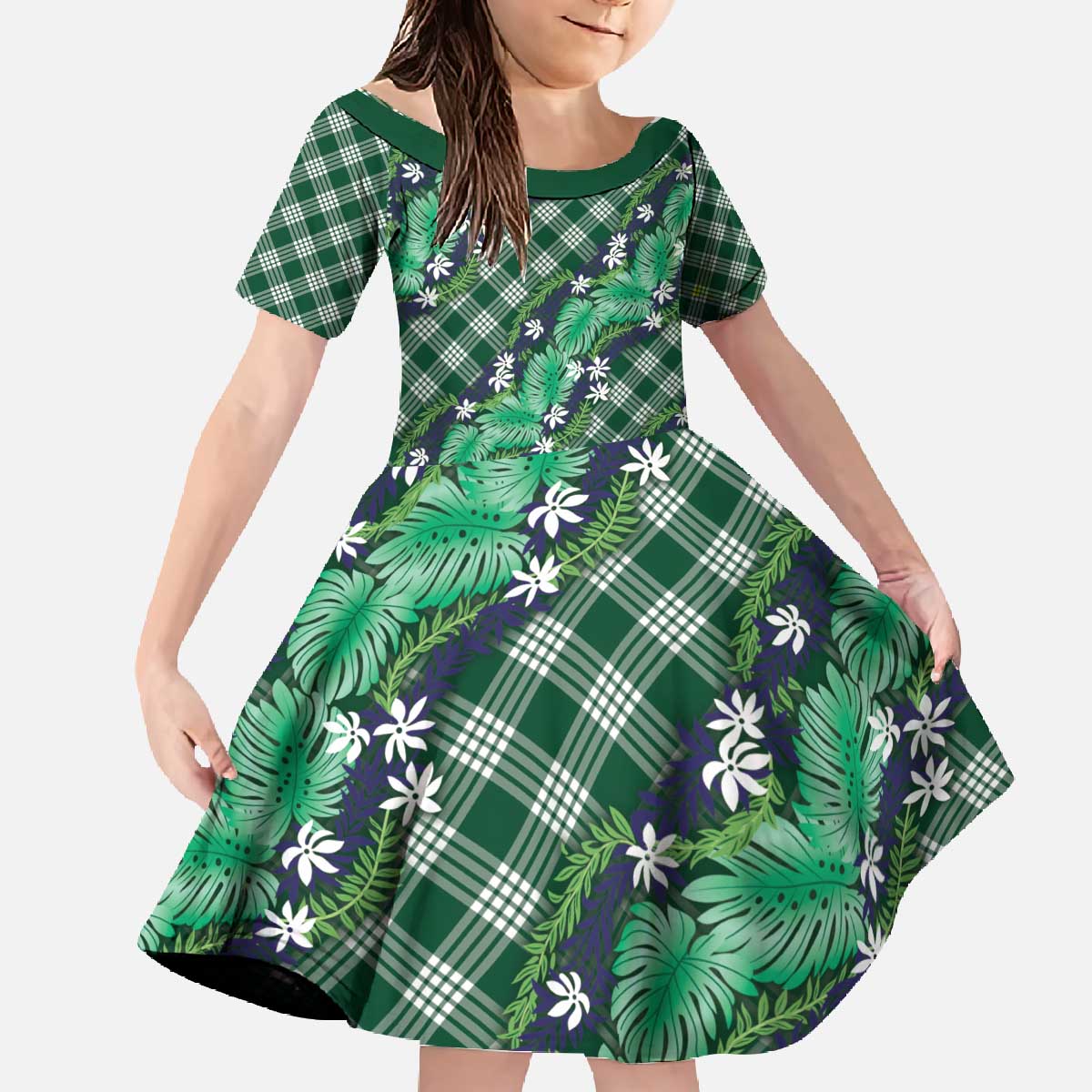 Polynesian Monstera Tiare Floral Family Matching Off The Shoulder Long Sleeve Dress and Hawaiian Shirt Forest Green Tropical Plaid - Polynesian Pride
