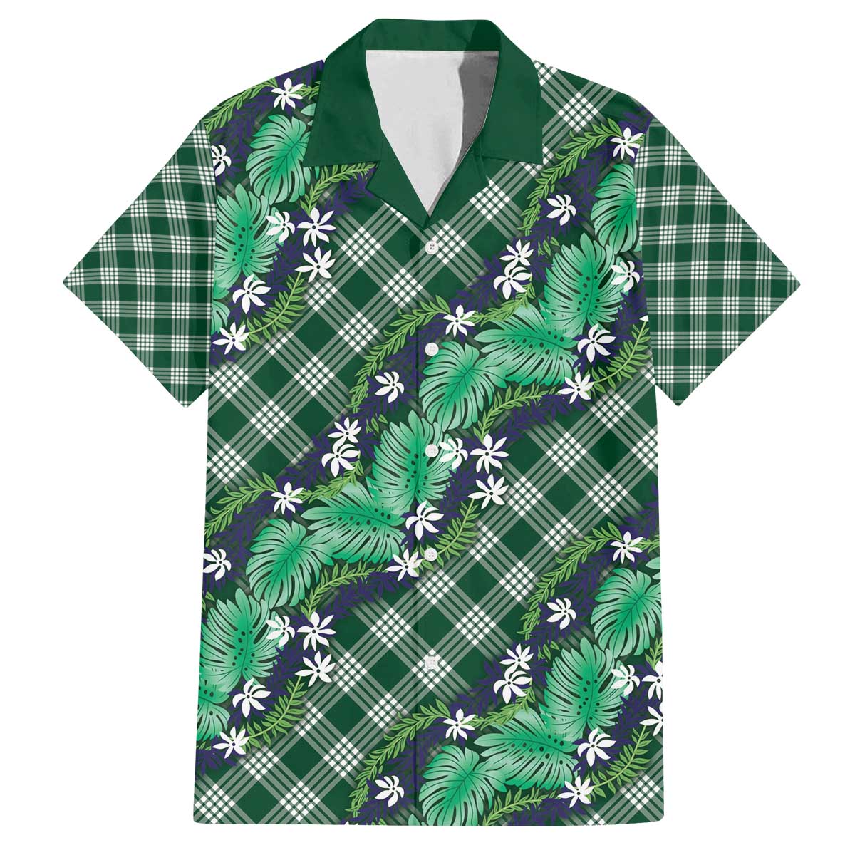 Polynesian Monstera Tiare Floral Family Matching Off The Shoulder Long Sleeve Dress and Hawaiian Shirt Forest Green Tropical Plaid - Polynesian Pride