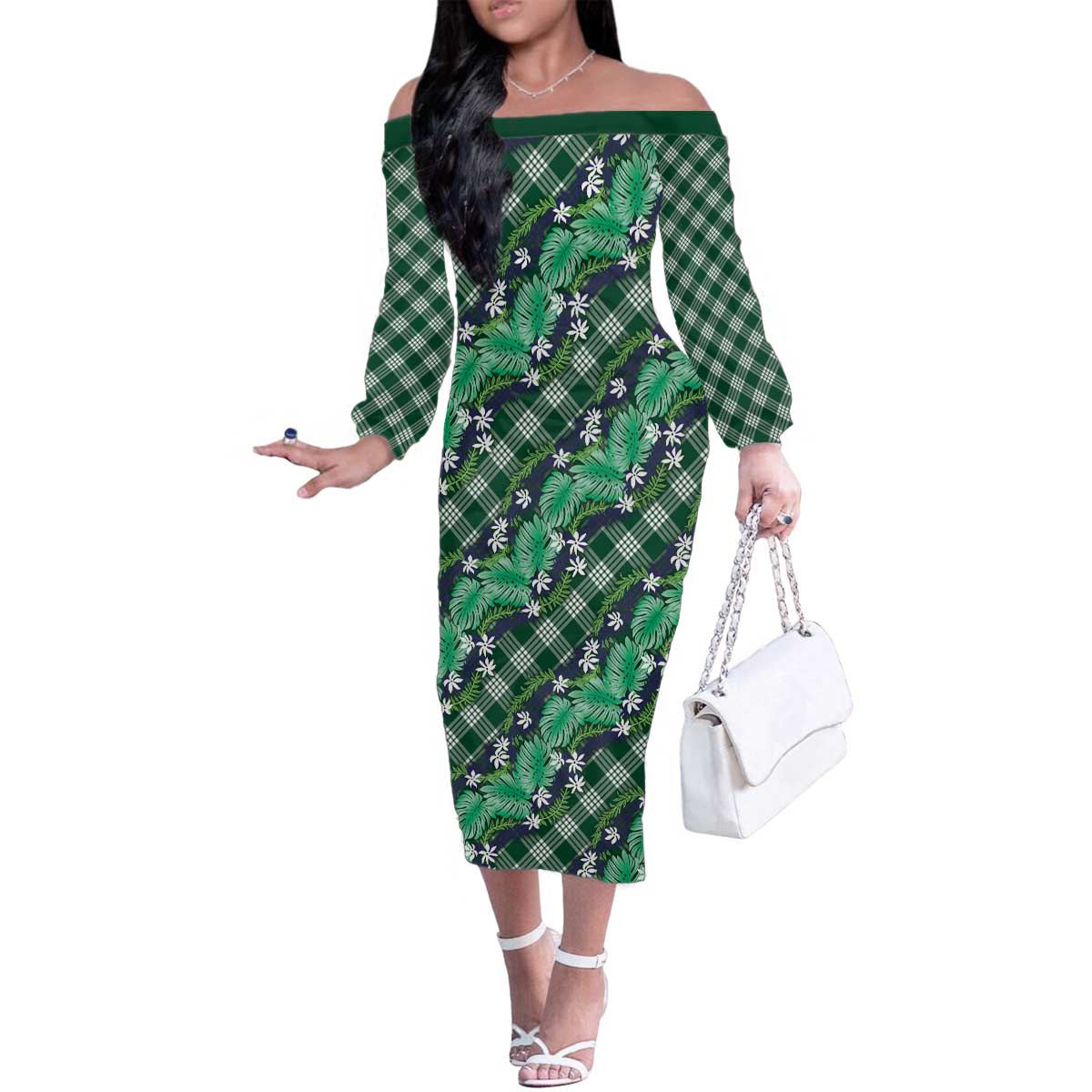 Polynesian Monstera Tiare Floral Family Matching Off The Shoulder Long Sleeve Dress and Hawaiian Shirt Forest Green Tropical Plaid - Polynesian Pride