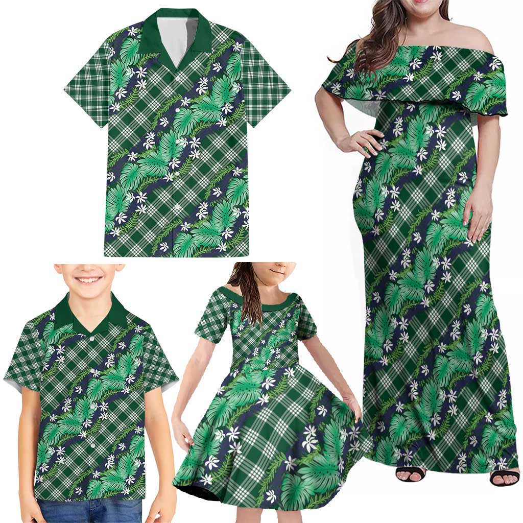 Polynesian Monstera Tiare Floral Family Matching Off Shoulder Maxi Dress and Hawaiian Shirt Forest Green Tropical Plaid - Polynesian Pride