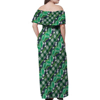 Polynesian Monstera Tiare Floral Family Matching Off Shoulder Maxi Dress and Hawaiian Shirt Forest Green Tropical Plaid - Polynesian Pride