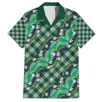 Polynesian Monstera Tiare Floral Family Matching Off Shoulder Short Dress and Hawaiian Shirt Forest Green Tropical Plaid - Polynesian Pride