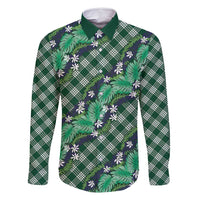 Polynesian Monstera Tiare Floral Family Matching Off Shoulder Short Dress and Hawaiian Shirt Forest Green Tropical Plaid - Polynesian Pride