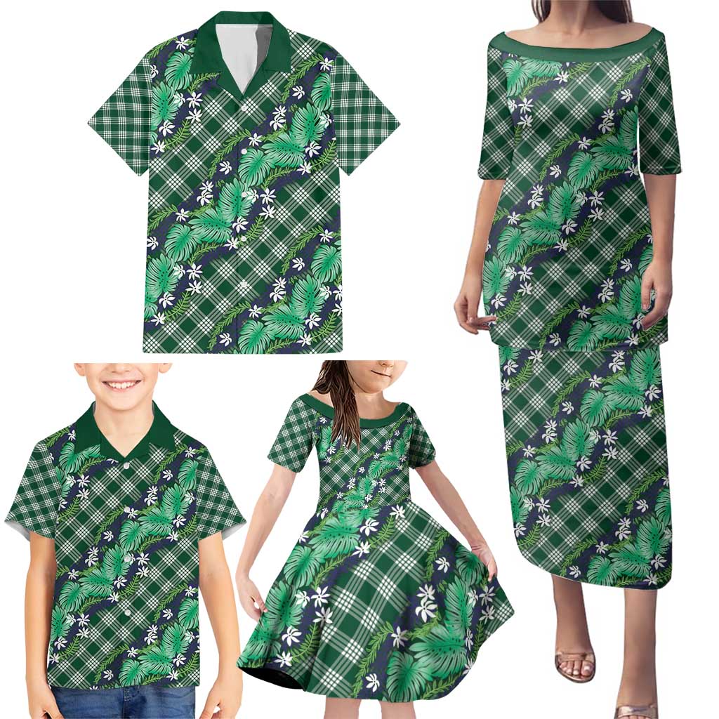 Polynesian Monstera Tiare Floral Family Matching Puletasi and Hawaiian Shirt Forest Green Tropical Plaid - Polynesian Pride