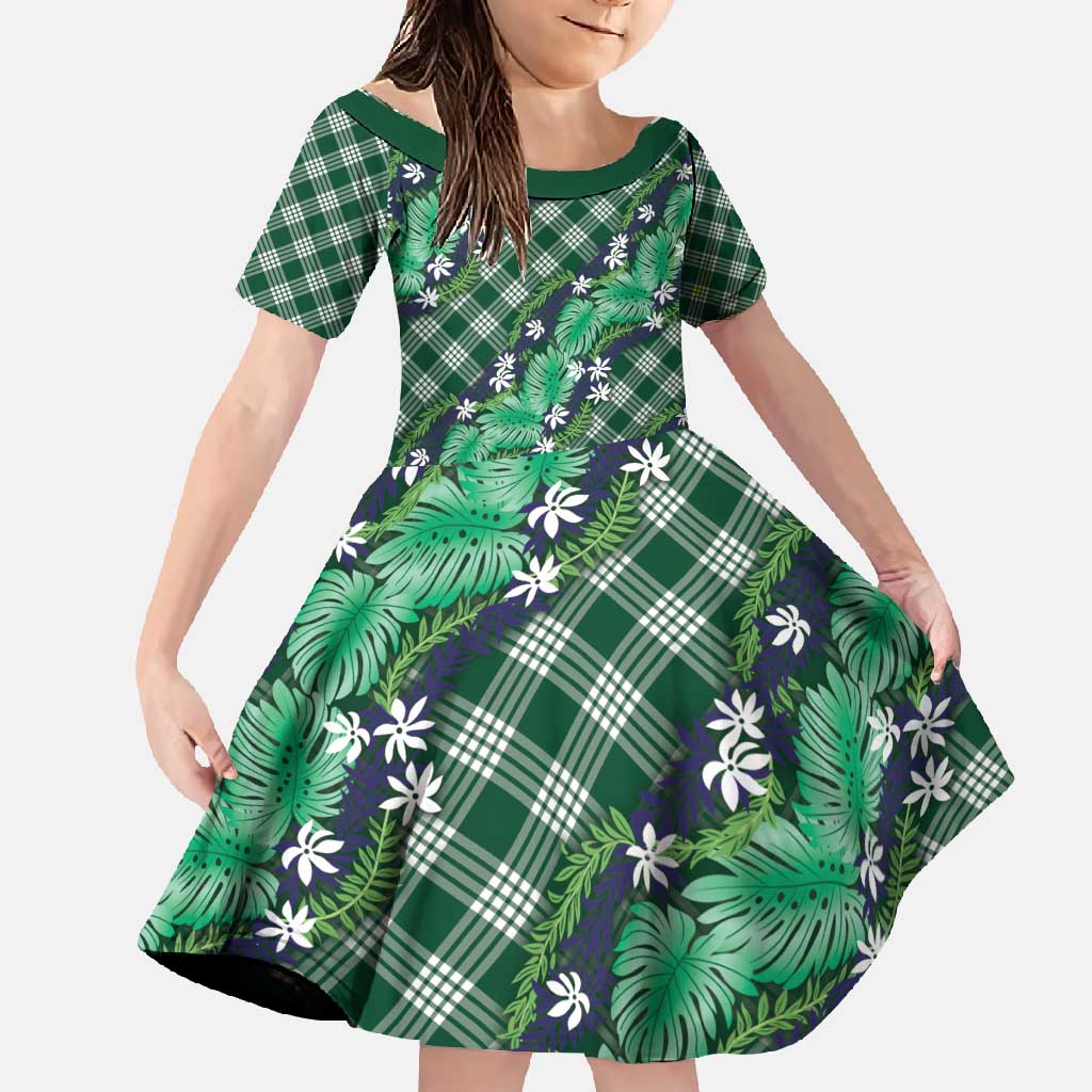 Polynesian Monstera Tiare Floral Family Matching Short Sleeve Bodycon Dress and Hawaiian Shirt Forest Green Tropical Plaid - Polynesian Pride
