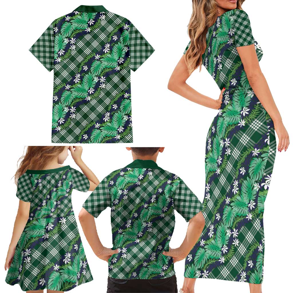 Polynesian Monstera Tiare Floral Family Matching Short Sleeve Bodycon Dress and Hawaiian Shirt Forest Green Tropical Plaid - Polynesian Pride
