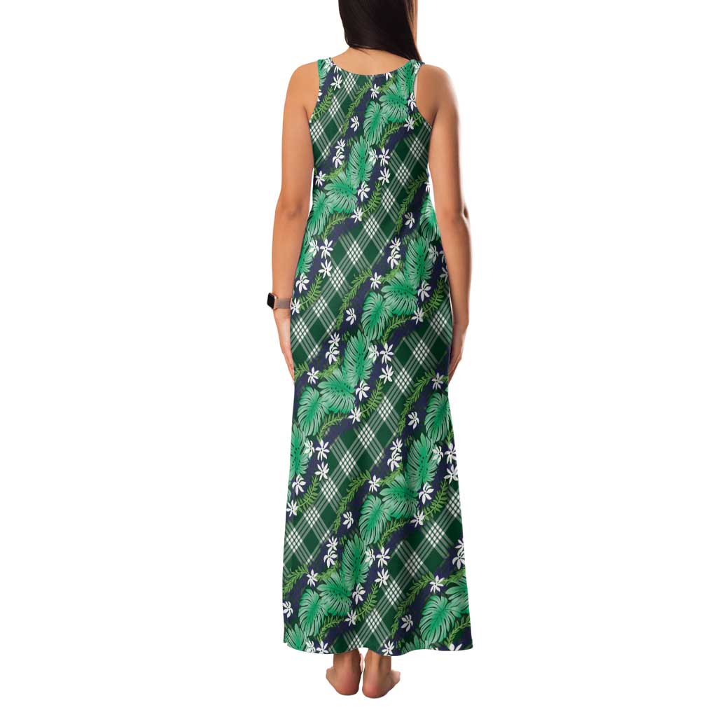 Polynesian Monstera Tiare Floral Family Matching Tank Maxi Dress and Hawaiian Shirt Forest Green Tropical Plaid - Polynesian Pride