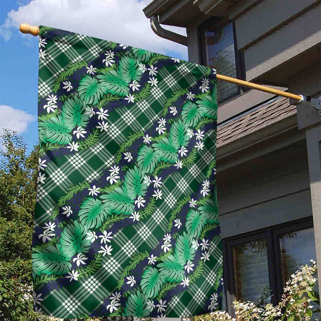 Polynesian Monstera Tiare Floral Garden Flag Forest Green Tropical Plaid - Polynesian Pride