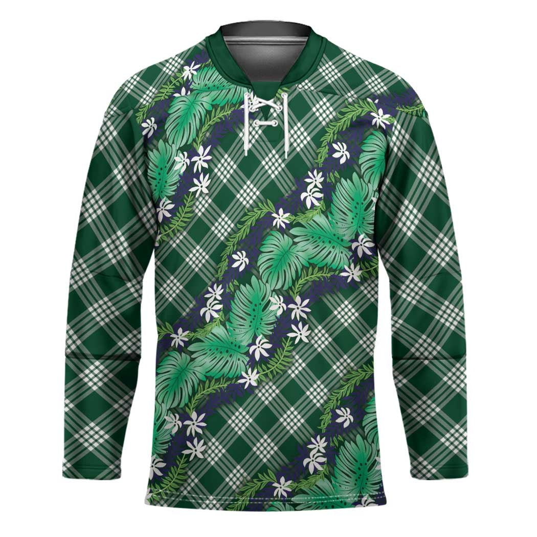 Polynesian Monstera Tiare Floral Hockey Jersey Forest Green Tropical Plaid LT01 Unisex Green - Polynesian Pride