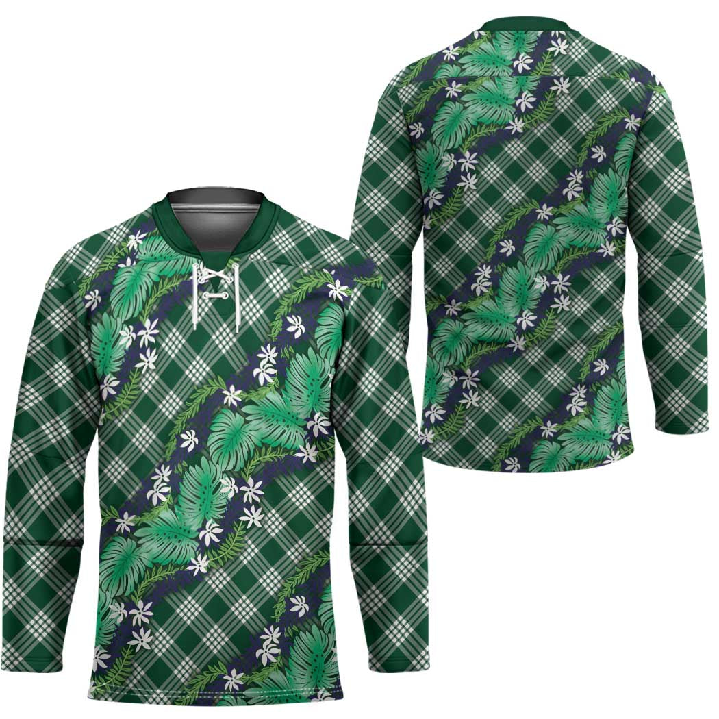 Polynesian Monstera Tiare Floral Hockey Jersey Forest Green Tropical Plaid - Polynesian Pride
