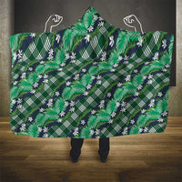 Polynesian Monstera Tiare Floral Hooded Blanket Forest Green Tropical Plaid - Polynesian Pride