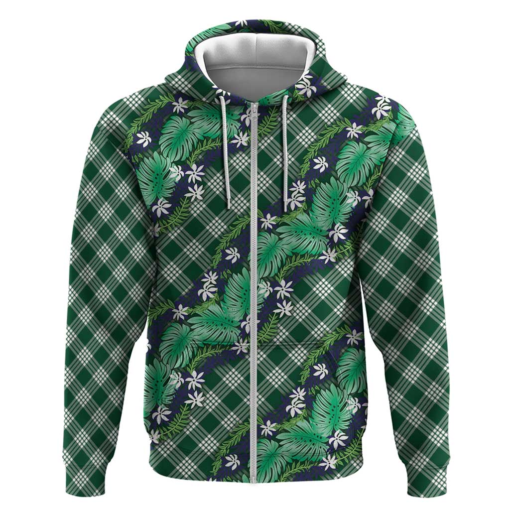 Polynesian Monstera Tiare Floral Hoodie Forest Green Tropical Plaid - Polynesian Pride