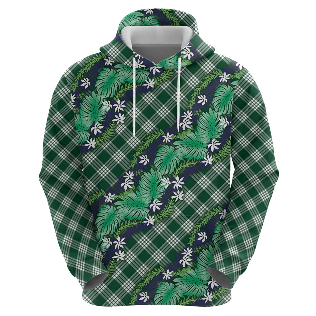 Polynesian Monstera Tiare Floral Hoodie Forest Green Tropical Plaid - Polynesian Pride