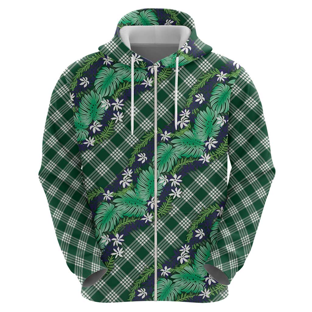 Polynesian Monstera Tiare Floral Hoodie Forest Green Tropical Plaid - Polynesian Pride