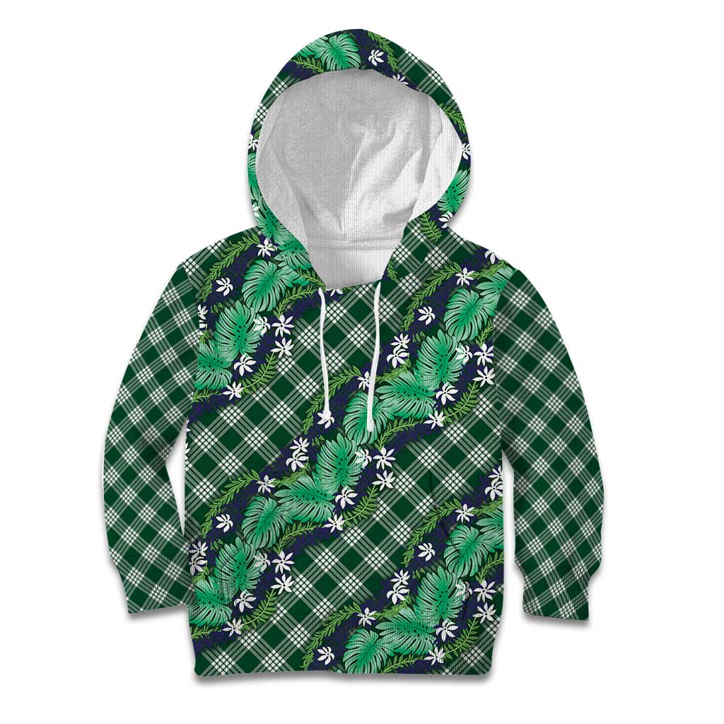 Polynesian Monstera Tiare Floral Kid Hoodie Forest Green Tropical Plaid LT01 Hoodie Green - Polynesian Pride