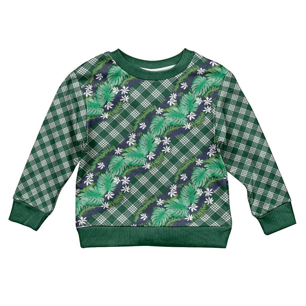 Polynesian Monstera Tiare Floral Kid Ugly Christmas Sweater Forest Green Tropical Plaid LT01 Kid Green - Polynesian Pride
