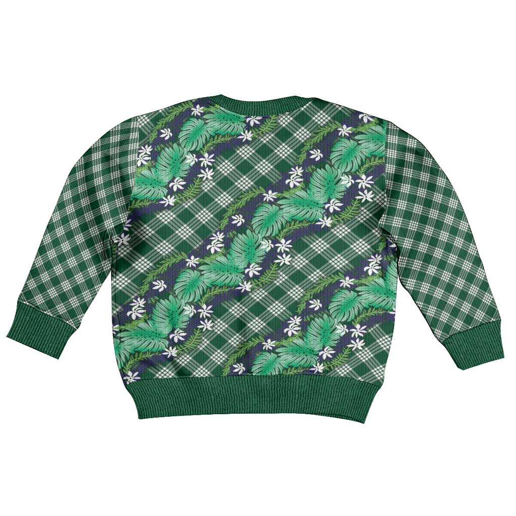 Polynesian Monstera Tiare Floral Kid Ugly Christmas Sweater Forest Green Tropical Plaid - Polynesian Pride