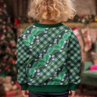 Polynesian Monstera Tiare Floral Kid Ugly Christmas Sweater Forest Green Tropical Plaid - Polynesian Pride