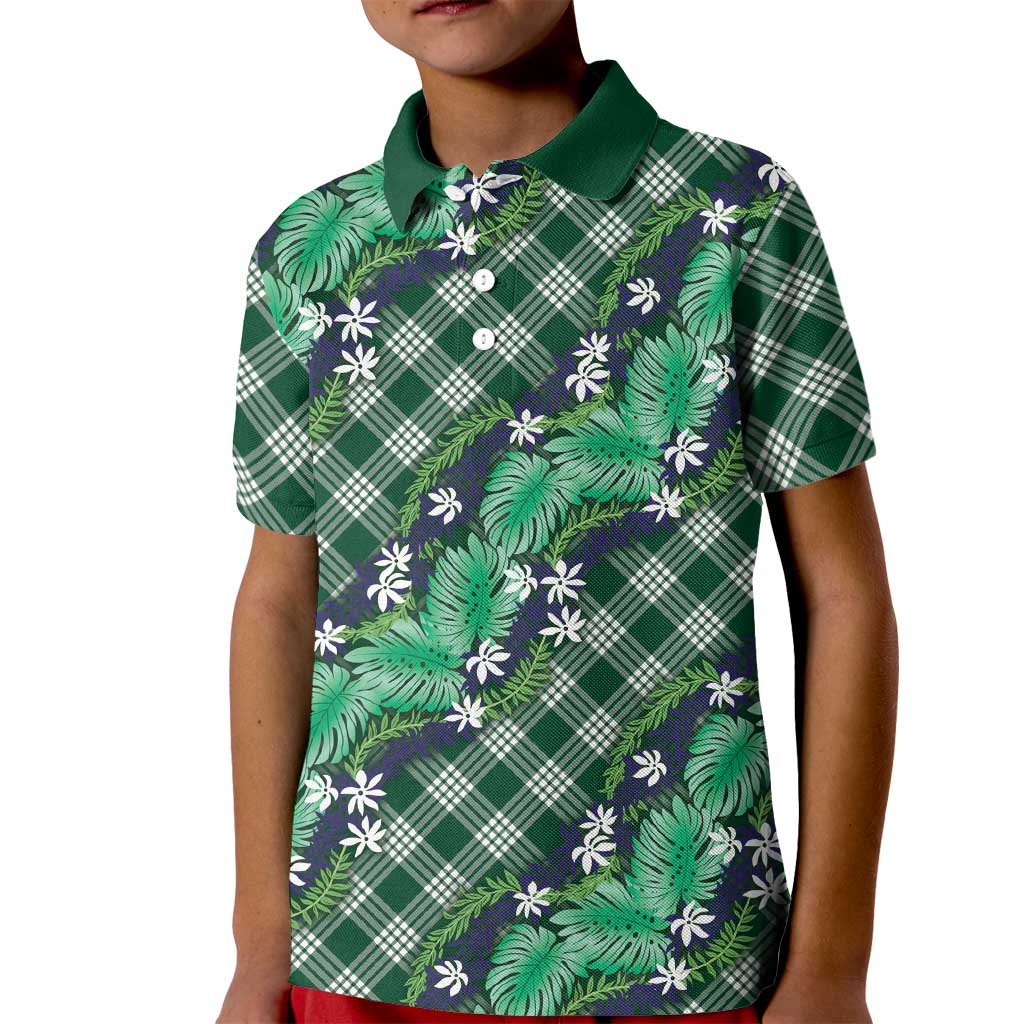 Polynesian Monstera Tiare Floral Kid Polo Shirt Forest Green Tropical Plaid - Polynesian Pride