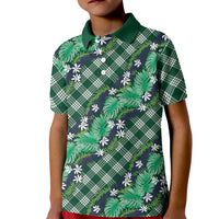 Polynesian Monstera Tiare Floral Kid Polo Shirt Forest Green Tropical Plaid - Polynesian Pride
