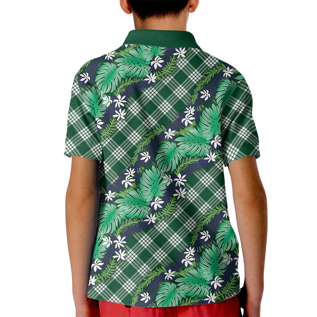 Polynesian Monstera Tiare Floral Kid Polo Shirt Forest Green Tropical Plaid - Polynesian Pride