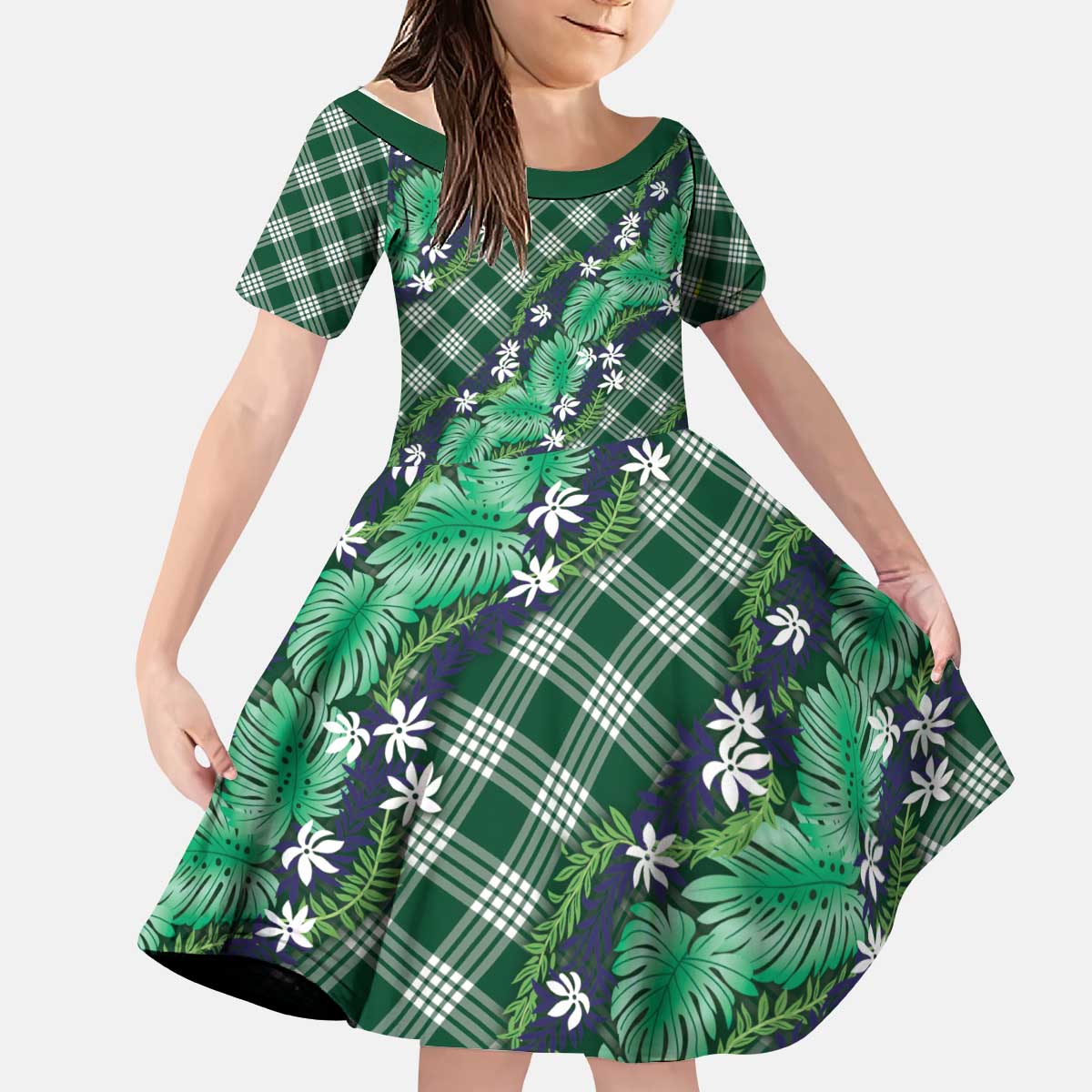 Polynesian Monstera Tiare Floral Kid Short Sleeve Dress Forest Green Tropical Plaid LT01 KID Green - Polynesian Pride
