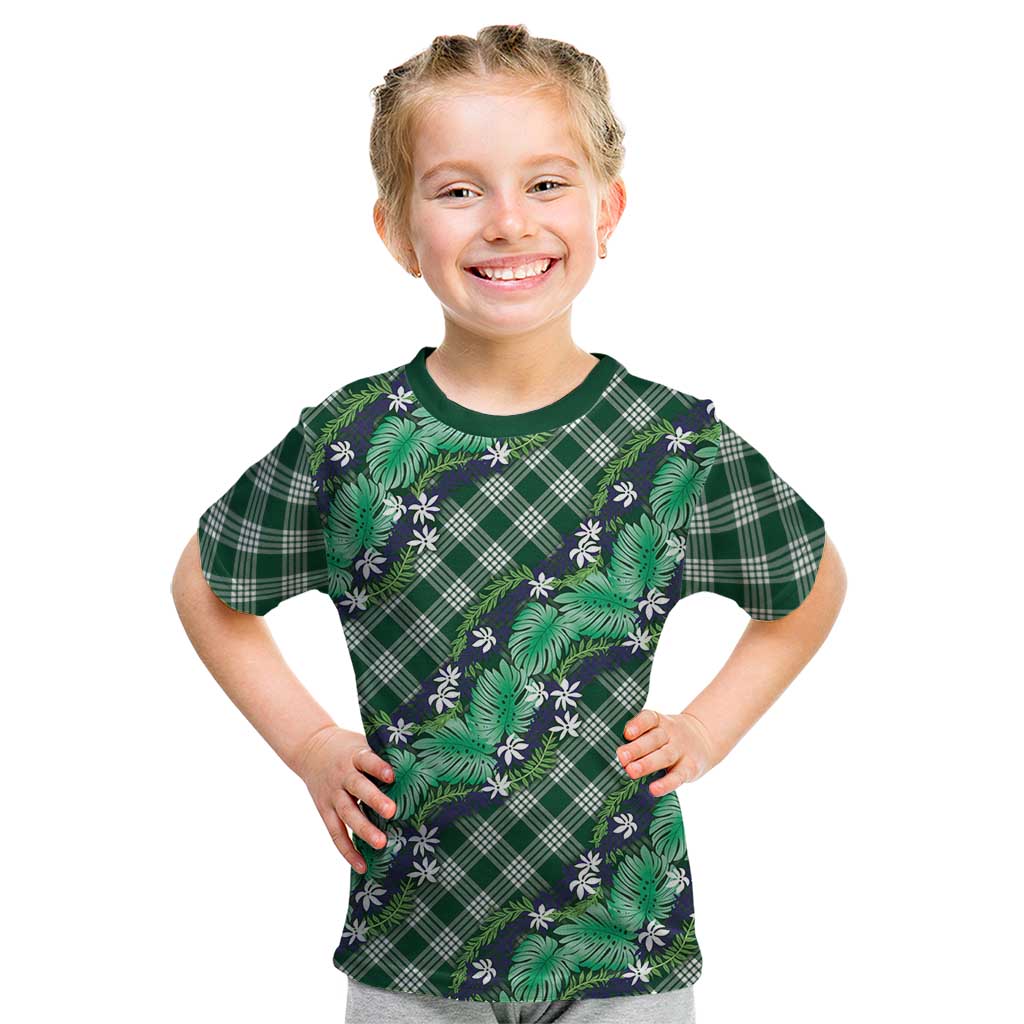 Polynesian Monstera Tiare Floral Kid T Shirt Forest Green Tropical Plaid LT01 Green - Polynesian Pride