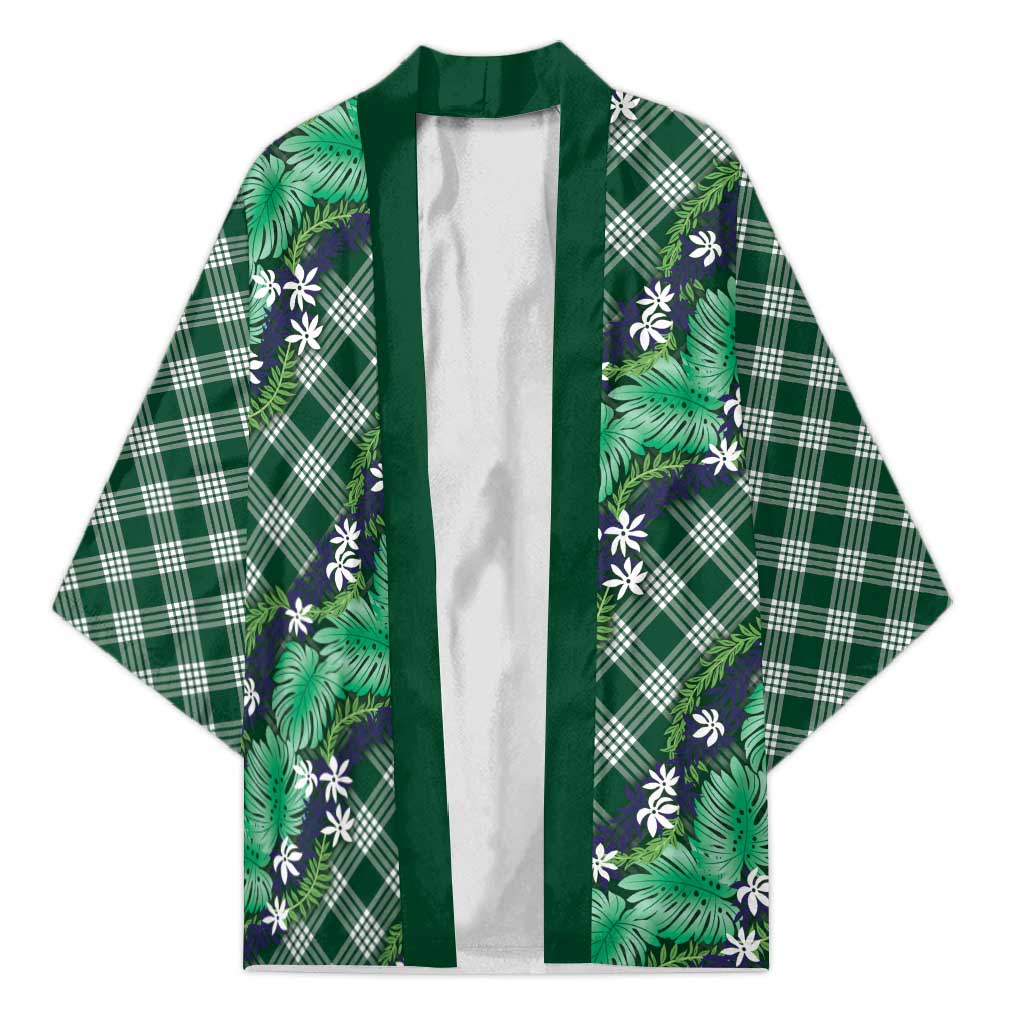 Polynesian Monstera Tiare Floral Kimono Forest Green Tropical Plaid - Polynesian Pride