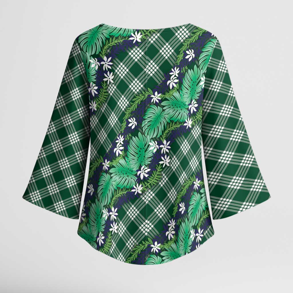 Polynesian Monstera Tiare Floral Kimono Sleeve Blouse Forest Green Tropical Plaid - Polynesian Pride