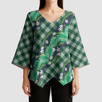 Polynesian Monstera Tiare Floral Kimono Sleeve Blouse Forest Green Tropical Plaid - Polynesian Pride