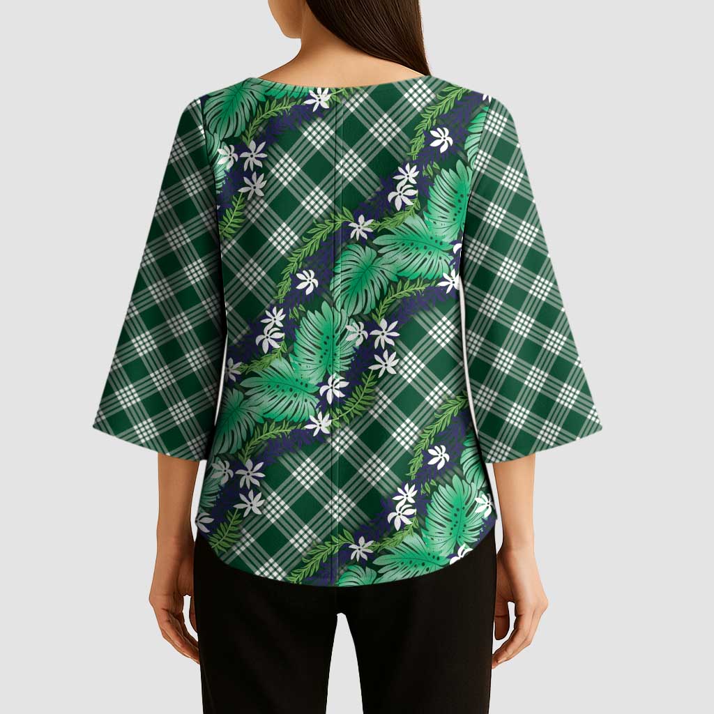 Polynesian Monstera Tiare Floral Kimono Sleeve Blouse Forest Green Tropical Plaid - Polynesian Pride