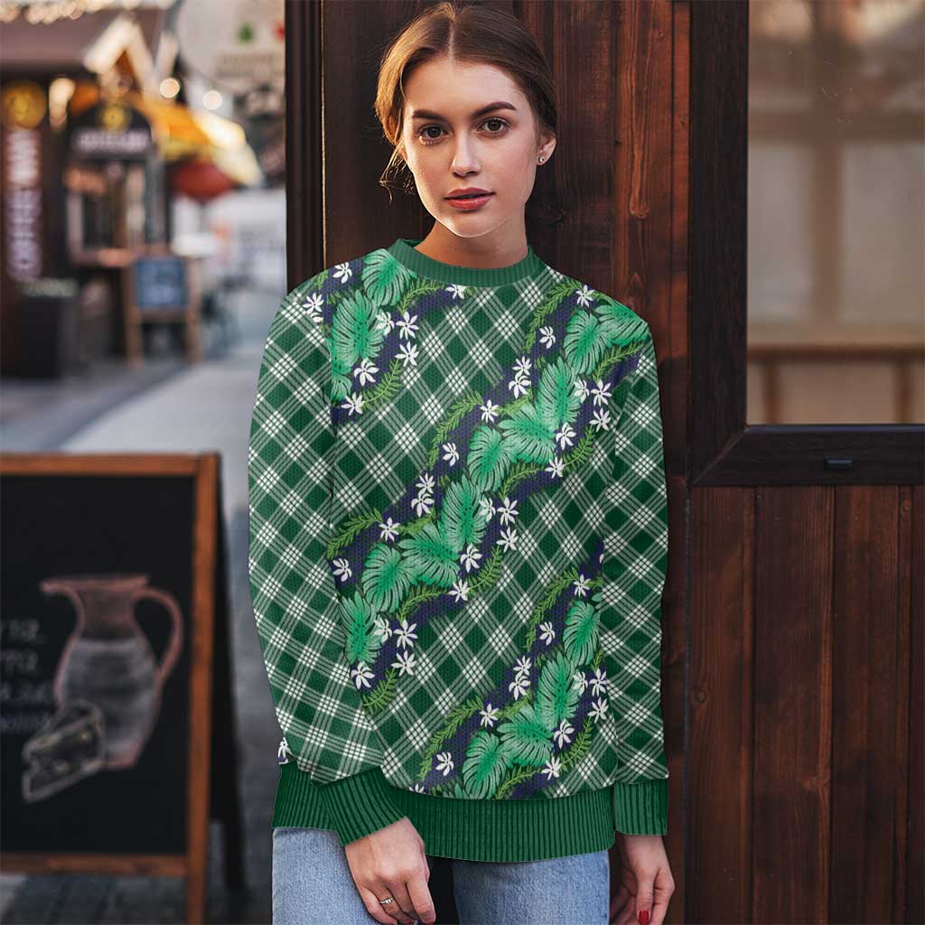 Polynesian Monstera Tiare Floral Ugly Christmas Sweater Forest Green Tropical Plaid - Polynesian Pride