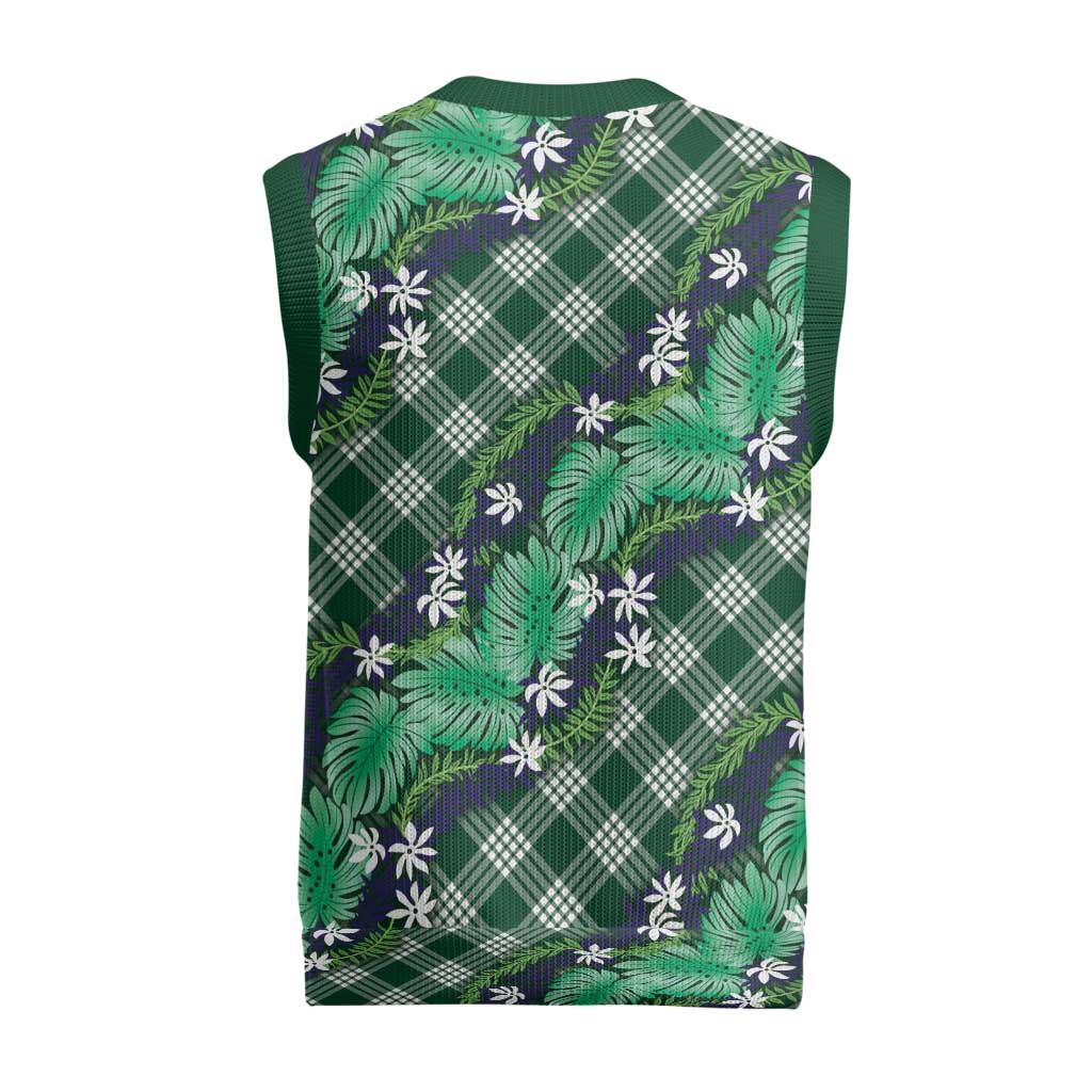Polynesian Monstera Tiare Floral Christmas Knitted V-Neck Vest Forest Green Tropical Plaid - Polynesian Pride