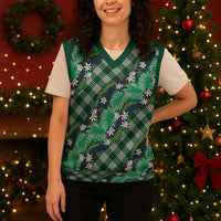 Polynesian Monstera Tiare Floral Christmas Knitted V-Neck Vest Forest Green Tropical Plaid - Polynesian Pride