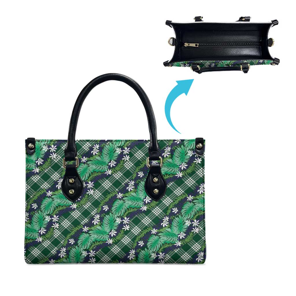 Polynesian Monstera Tiare Floral Leather Bag Forest Green Tropical Plaid - Polynesian Pride