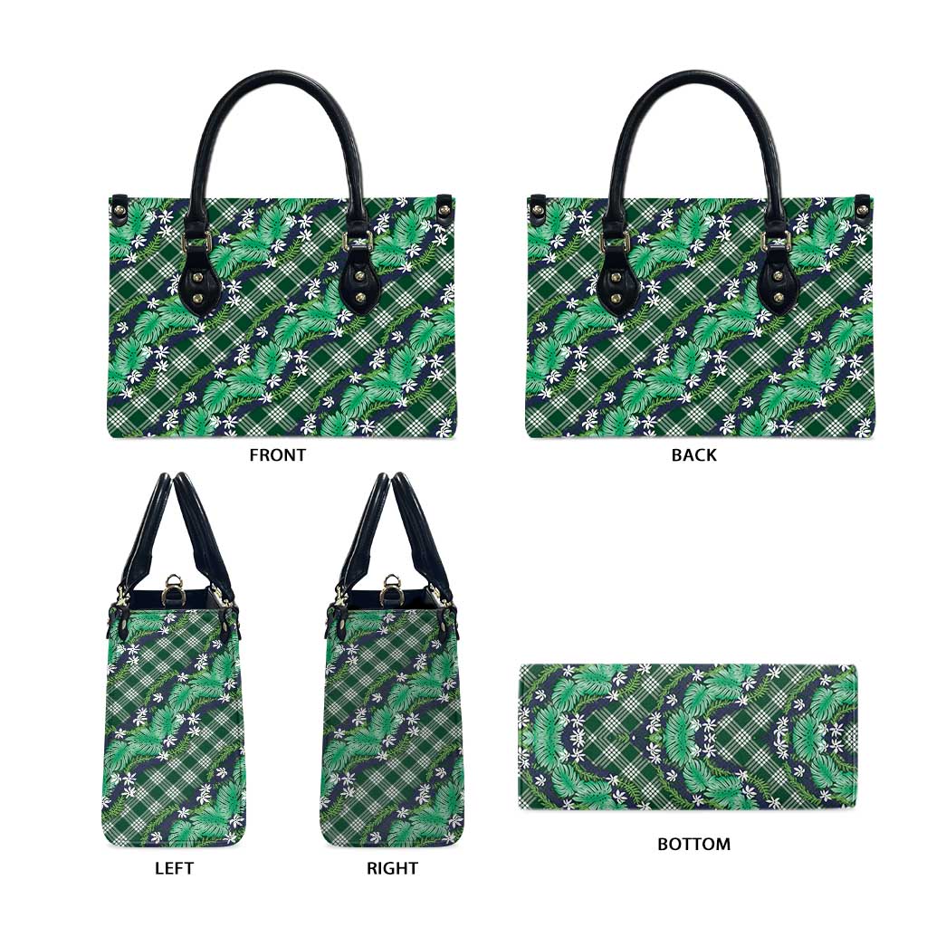 Polynesian Monstera Tiare Floral Leather Bag Forest Green Tropical Plaid - Polynesian Pride