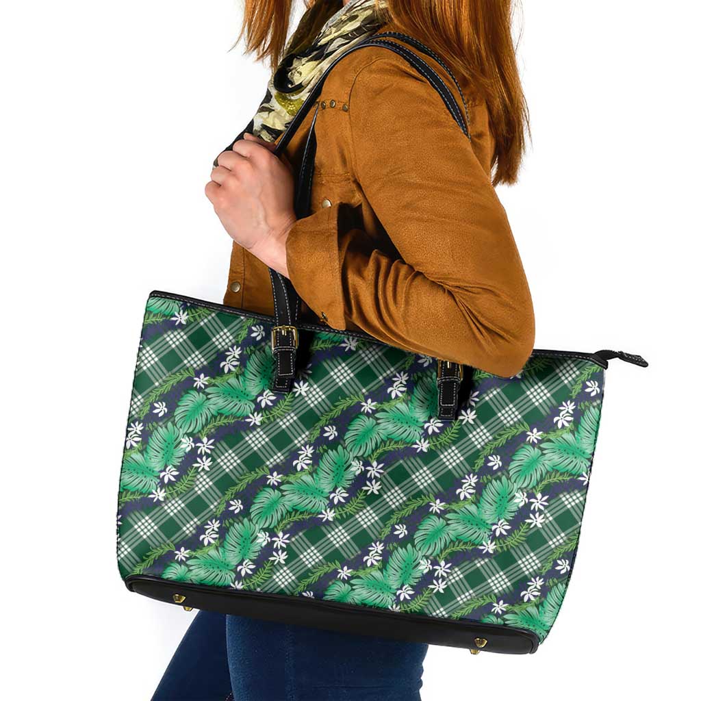Polynesian Monstera Tiare Floral Leather Tote Bag Forest Green Tropical Plaid LT01 Green - Polynesian Pride