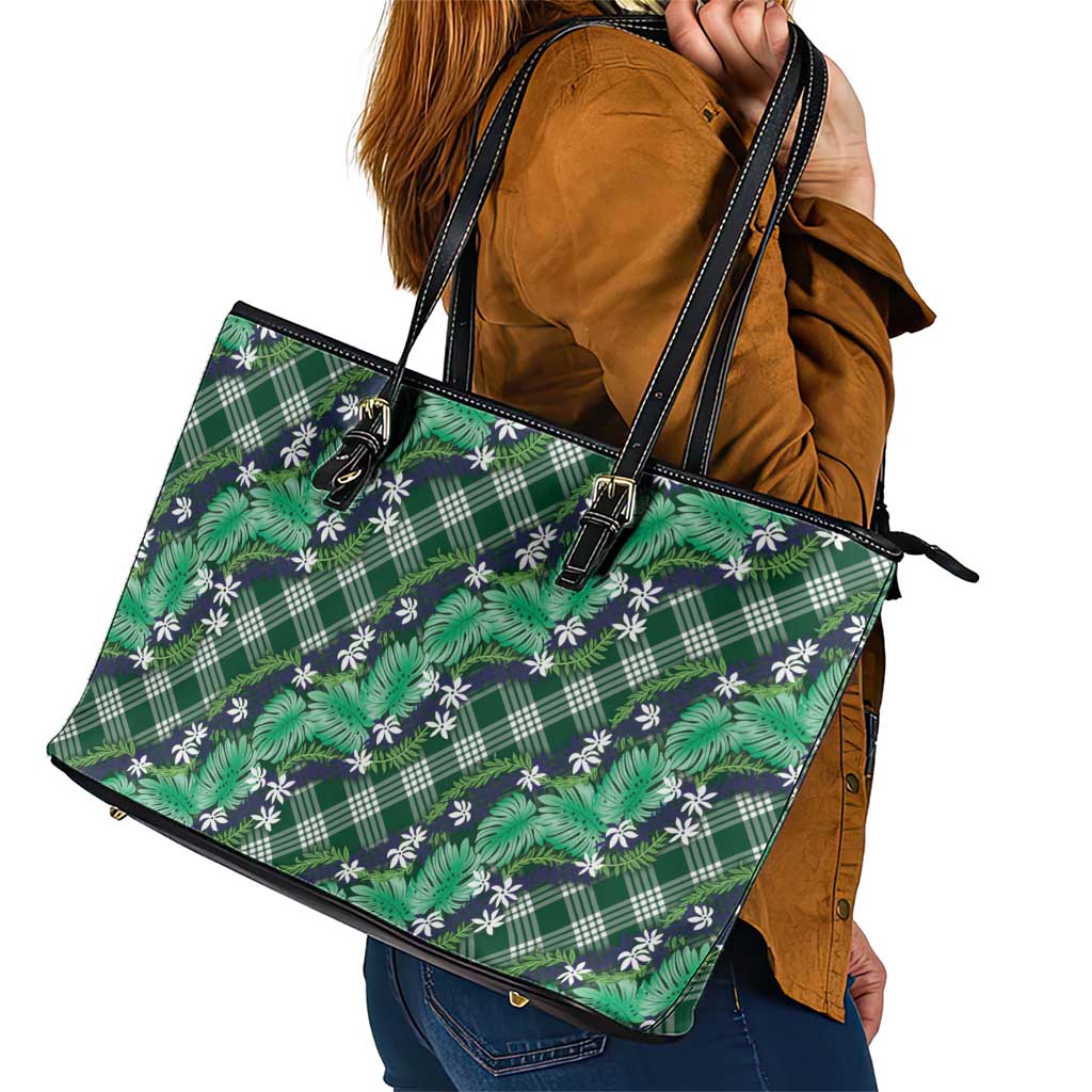 Polynesian Monstera Tiare Floral Leather Tote Bag Forest Green Tropical Plaid - Polynesian Pride