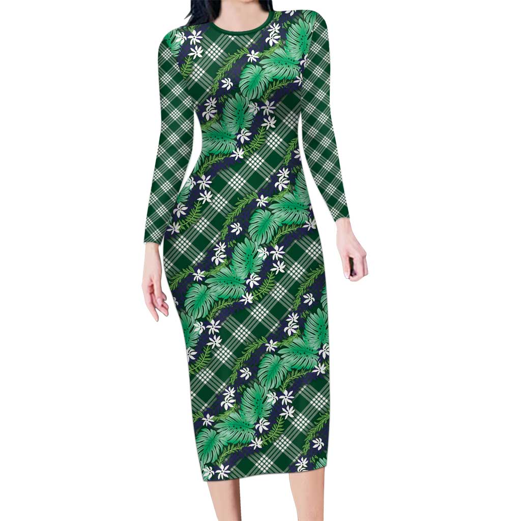 Polynesian Monstera Tiare Floral Long Sleeve Bodycon Dress Forest Green Tropical Plaid LT01 Long Dress Green - Polynesian Pride