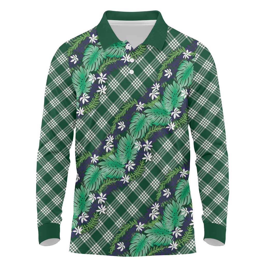Polynesian Monstera Tiare Floral Long Sleeve Polo Shirt Forest Green Tropical Plaid LT01 Green - Polynesian Pride