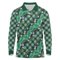 Polynesian Monstera Tiare Floral Long Sleeve Polo Shirt Forest Green Tropical Plaid - Polynesian Pride